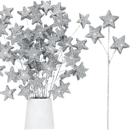 24 Pcs Glitter Star Picks 14.5 Inch Sparkly Star Stem Christmas Star Tree Picks Twinkle Star Sticks Foam Vase Decoration for Christmas Birthday Party