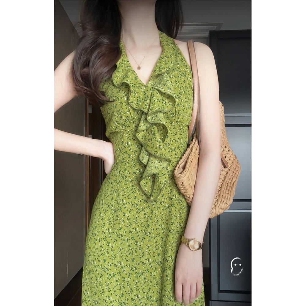 Summer new vacation green floral neck dress casual V-neck sleeveless suspender long dress female chic