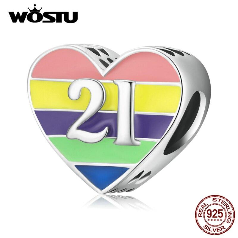 WOSTU 925 Sterling Silver Charm Rainbow Love Lettering 21 Bead Pendant Fit Original Bracelet Necklace For Women Jewelry