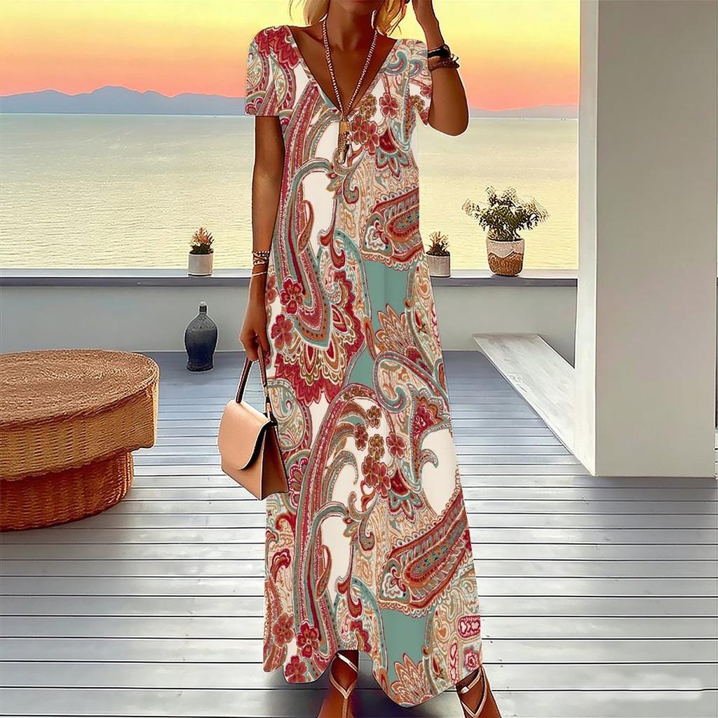 Women Plus Size V Neck Short Sleeve Maxi Dress Retro Paisley Print Loose Fit Summer Beach Long Dress