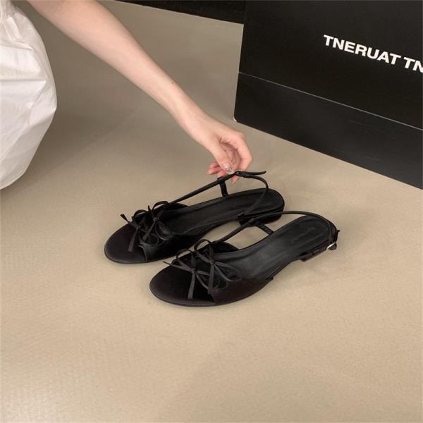 Fashion Female Sandal 2025 Women's Bow Shoes Clear Heels Girls New Beige Outside Low Comfort Summer Fashion Scandals Butterfly-knot Casu