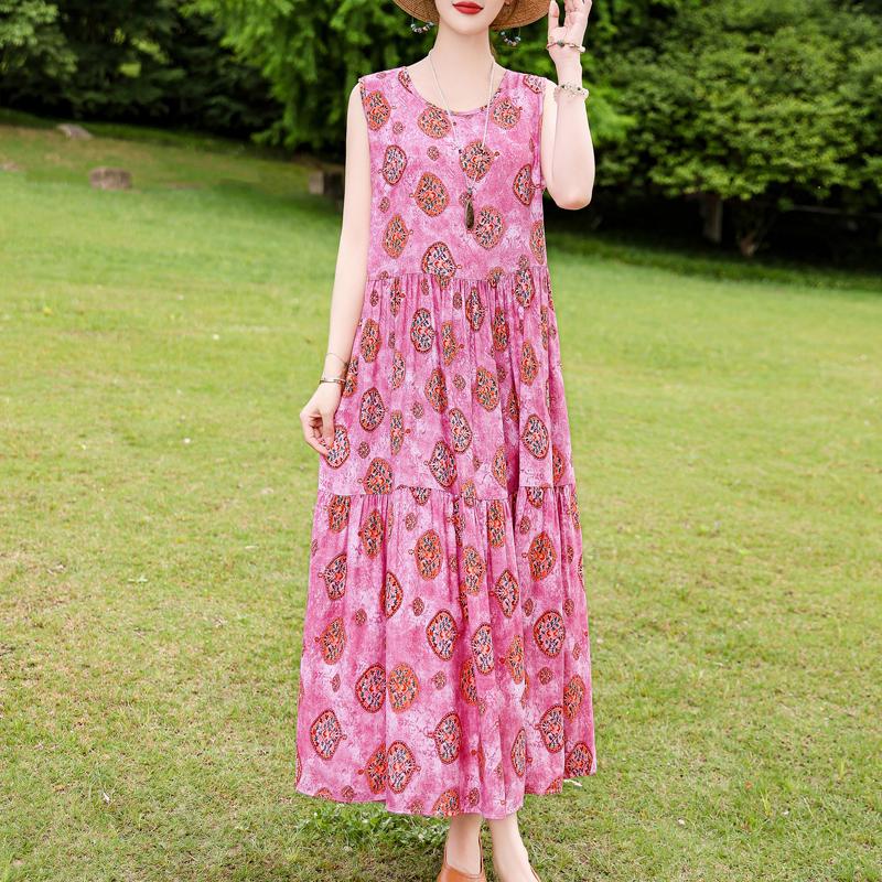 Elegant Sleeveless Dress for Women Plus Size Loose Vintage Print Long Dress Summer Middle-aged Women's Clothing