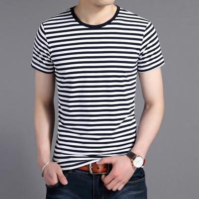 Summer New Round Neck Pullover Men's Short-Sleeved T-shirt Korean Style Slim Fit Men's Striped Bottoming Shirt Trendy Men's
