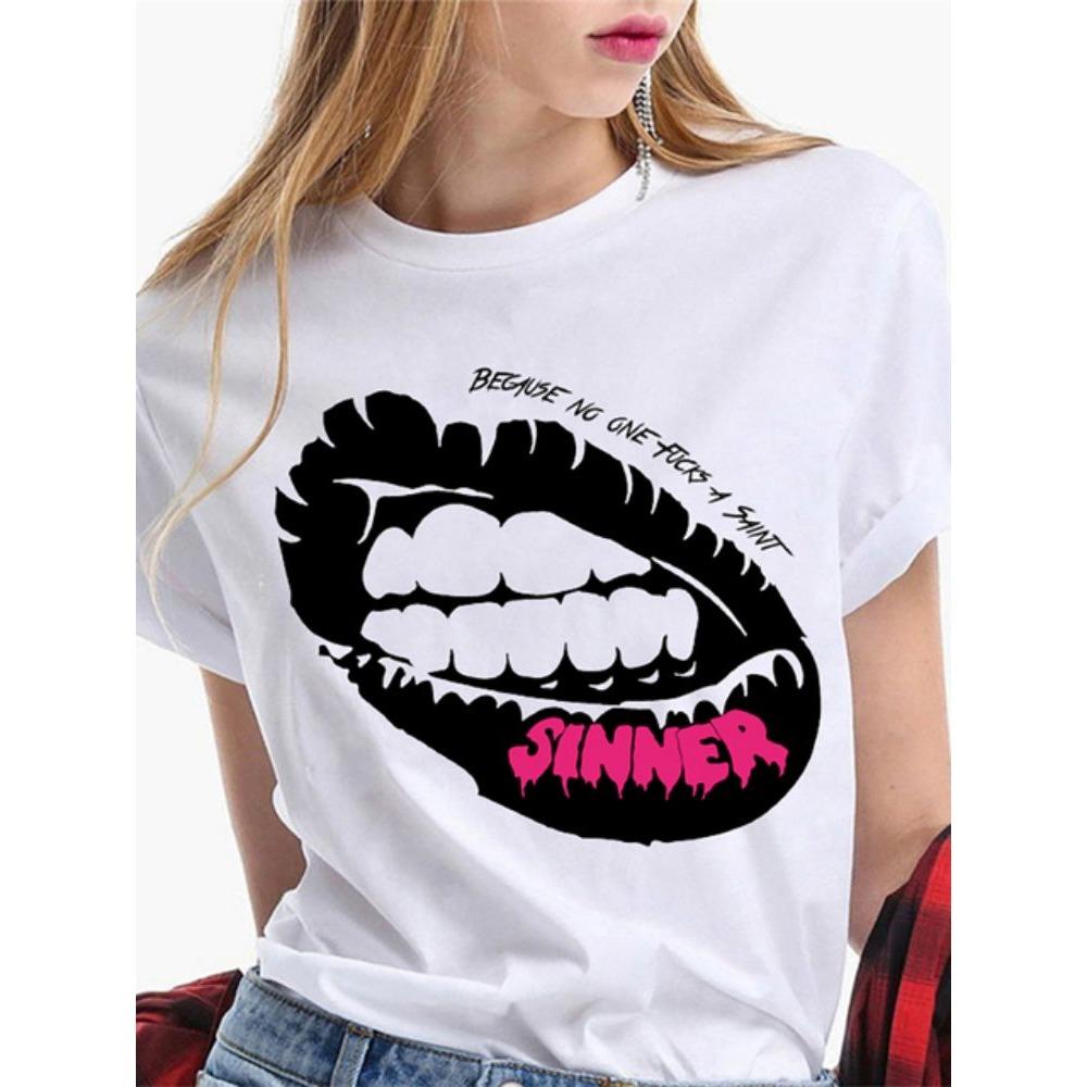 Fashion Sexy Red Lip Women T Shirt Funny Kiss Lips Print Ladies Casual Basis O-collar Short Sleeves Female Tops Tees
