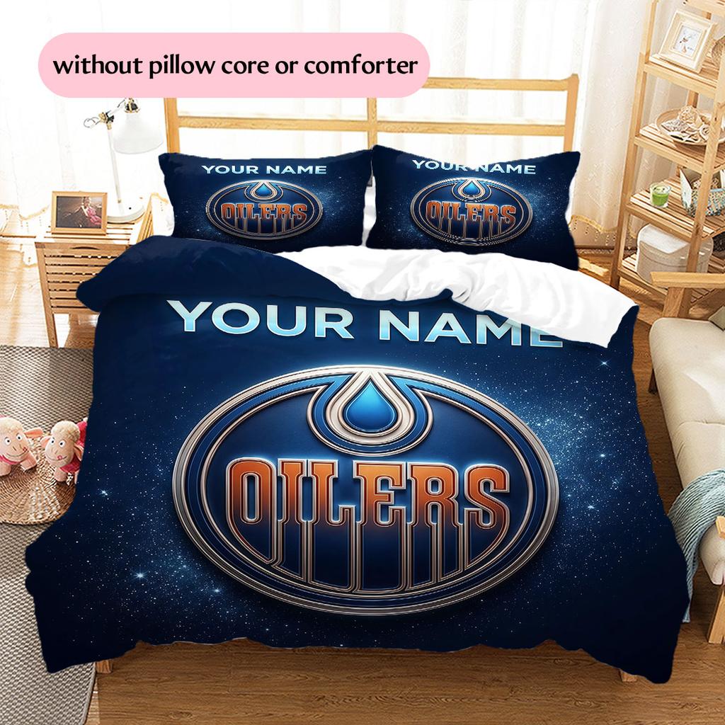 Custom Name,Edmonton Oilers Pattern Bedding Home Decoration Birthday Gift ( 1 Duvet Cover + 2 Pillowcase, Without Core),fan Merchandise.