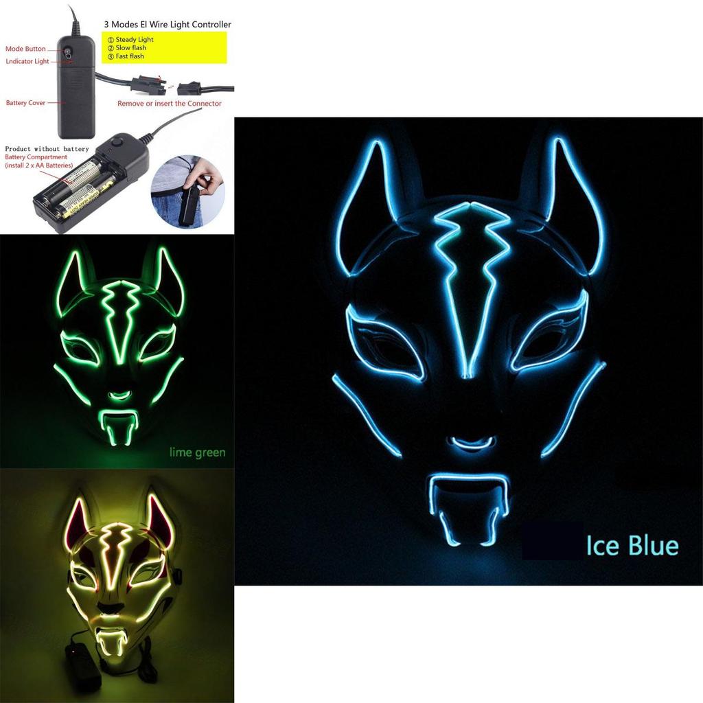 Unisex Japanische Fuchsmaske mit leuchtendem LED-Licht für gruselige Halloween-Partys