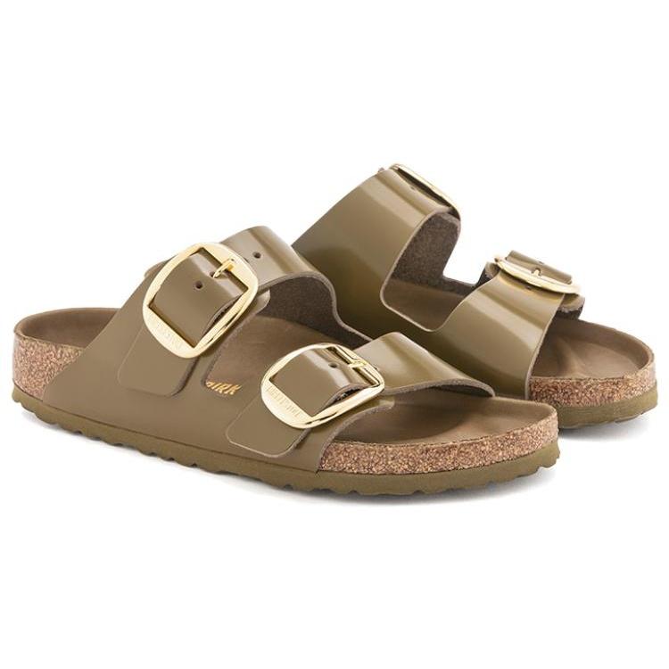 (WMNS) Birkenstock Arizona Big Buckle Natural Leather Patent Narrow Fit Sandals 'High Shine Mud Green' Women's 1024257