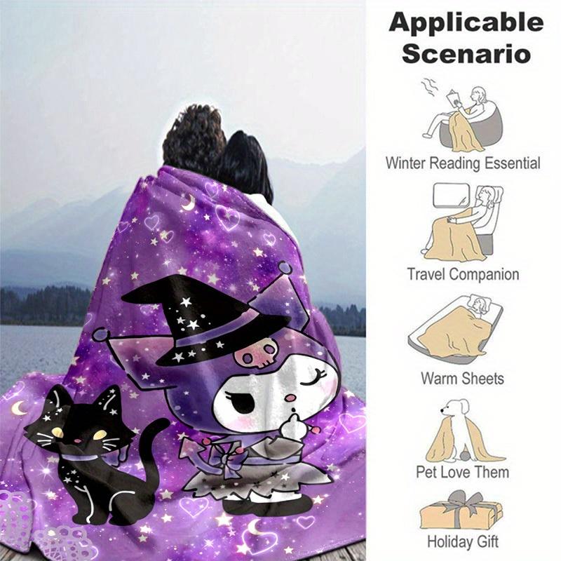 1pc, Sanrio Magical Witch and Cat Home Decor Blanket: Cozy Flannel Throw for Bedroom, Living Room, Travel, Camping, Car, Beach, Office Naps – Perfect