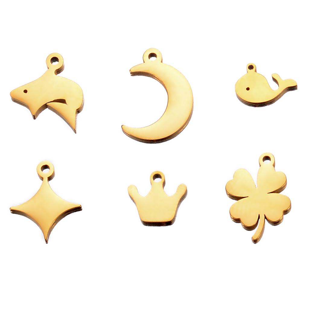 6pcs/lot Stainless Steel Polished Clover Crown Moon&Star Dolphin Charm for DIY Women Necklace Bracelet Jewelry Making
