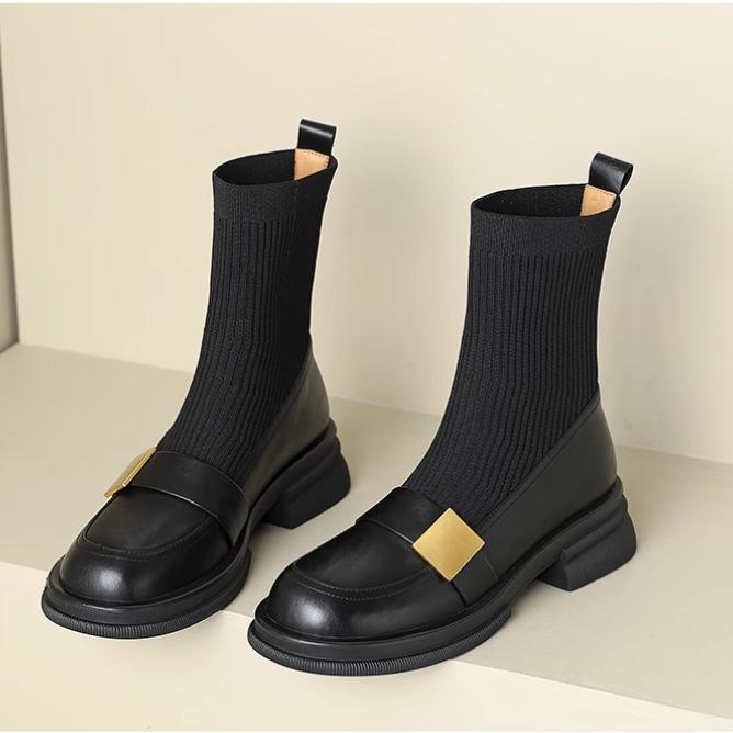 

Knitted elastic boots, thin boots, women s thick heels, autumn and winter 2024, new loafers, short boots, Martin boots, soft-soled socks, boots. 35 чёрный