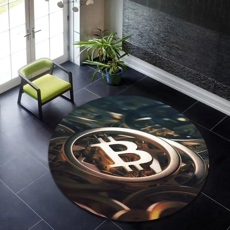Bitcoin Round Carpet Anti-Slip Circle Area Rug Large for Home Living Room Floor Mat Bedroom Decor Chair Drum Rug Chair Doormat