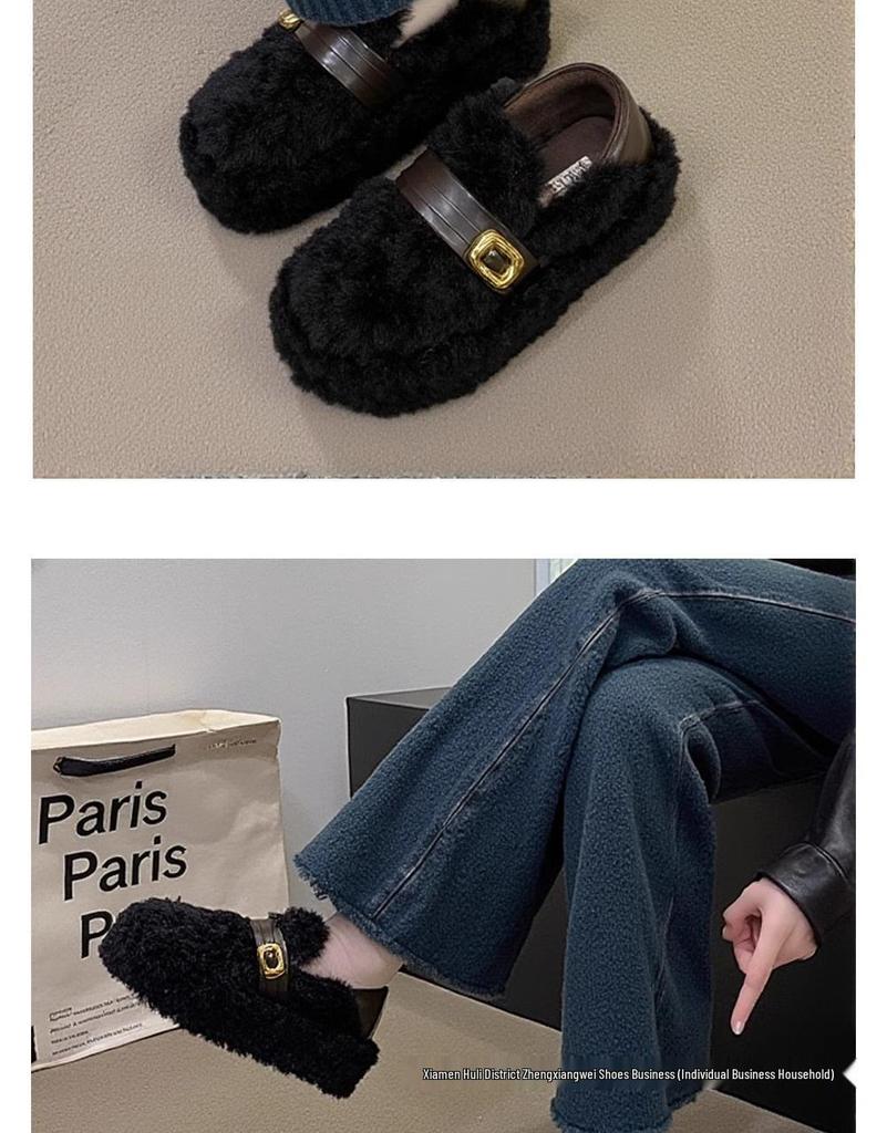 Lambswool Women's Fuzzy Winter Shoes 2025 - Fleece-lined, Thick Sole, Buckle, Warm Maternity Cotton Bean Shoes