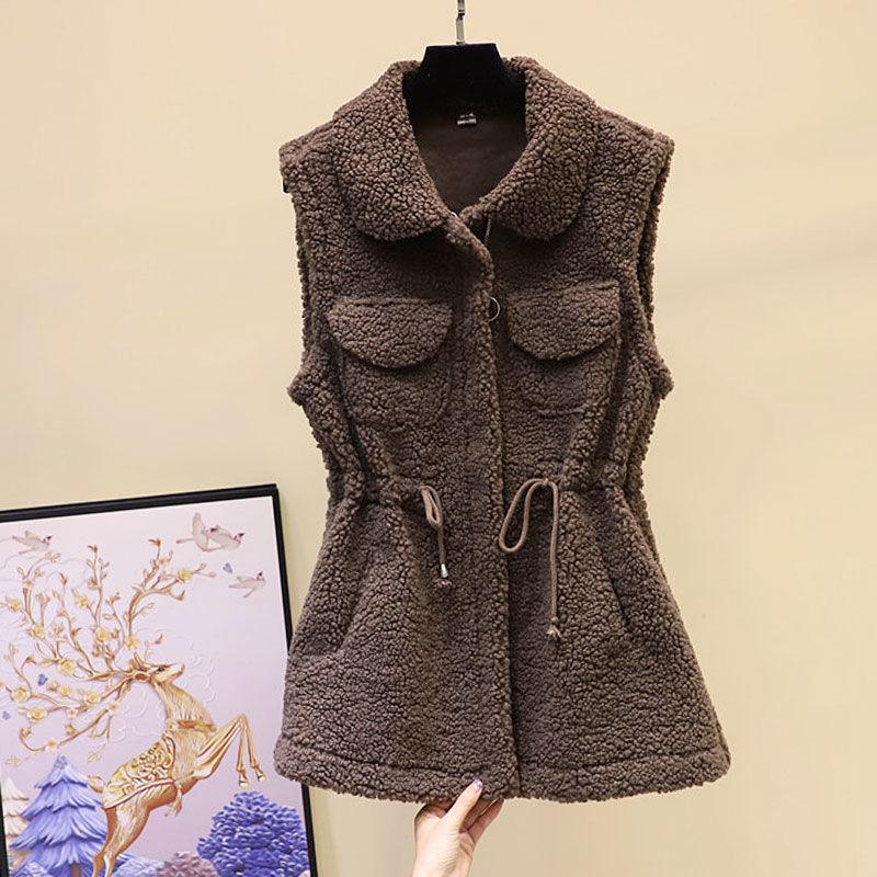 Lamb Wool Waistcoat Jacket Female Autumn and Winter Loose Mid-length Outer Jacket Solid Color Pocket Sleeveless Sweater