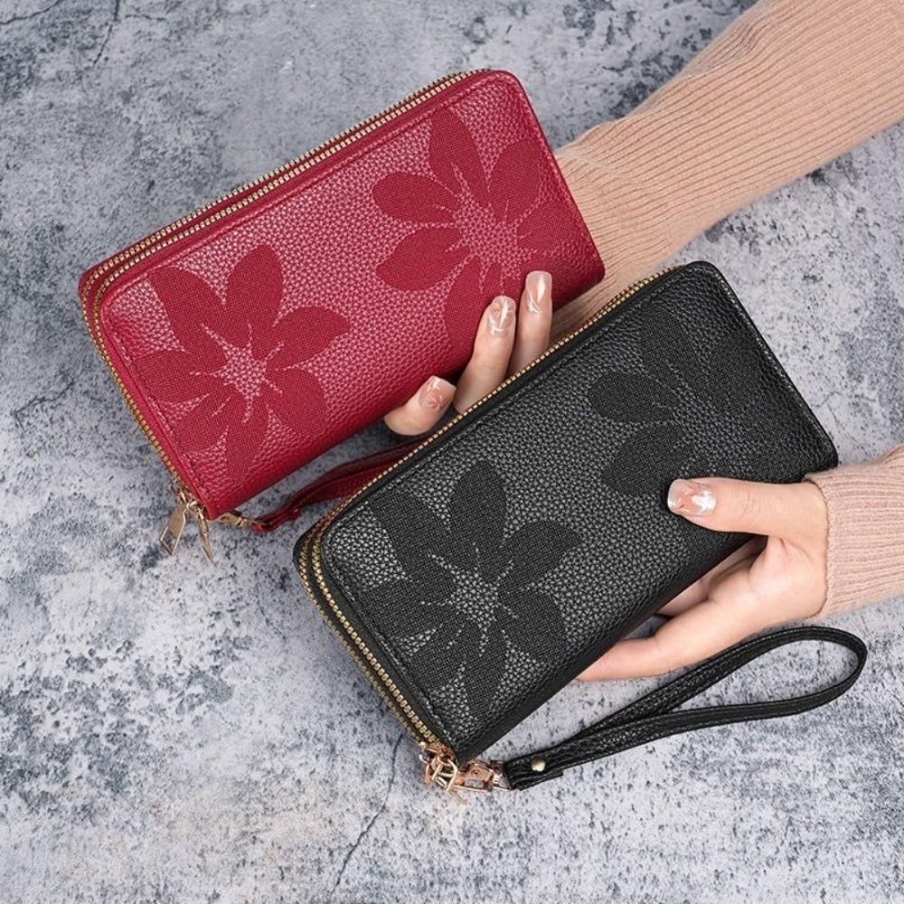 Double Zipper Ladies Long Wallet PU Leather Large Capacity Handle Bags Multi-layer Floral Embossed Zero Wallet