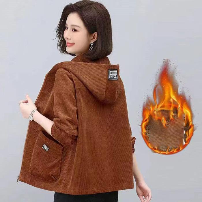 Thickened Corduroy Jacket Women's Casual Fleece-Lined Hooded Sweater Coat Warm Autumn Winter New Style Mommy Clothes