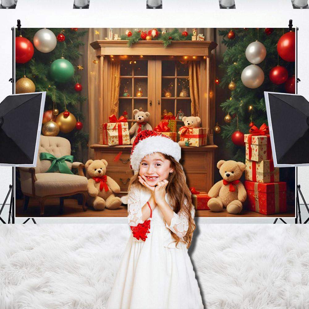 Christmas Teddy Bear Background Xmas Tree Toy Bear for Winter Window Room Outdoor Decoration Banner Kids Portrait Photo Props