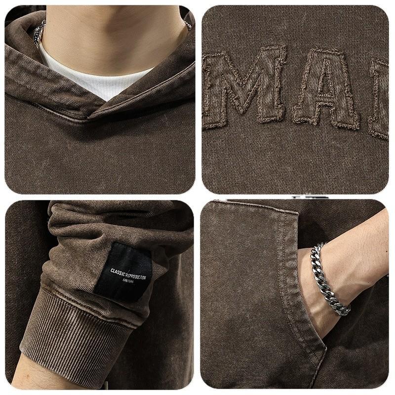 Autumn Retro Washed Patch Hooded Men'S Sweater Heavy Loose Top American Trendy Casual Jacket