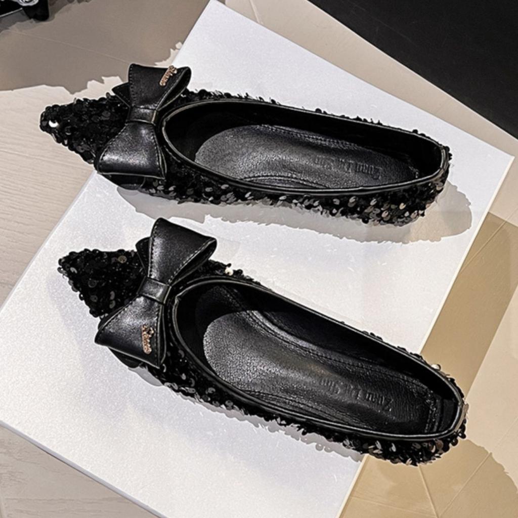 French Low-heeled Sequined Pointed Flat-soled Single Shoes Women's 2025 New Models, Early Spring Ladyshoes, Evening Shoes, Large-size Women's Shoes