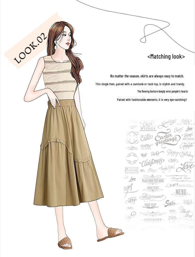 Plus Size Elegant A-line Fluffy Skirt - Spring/Summer Korean Style, Casual High-Waisted, Versatile Mid-Length Skirt