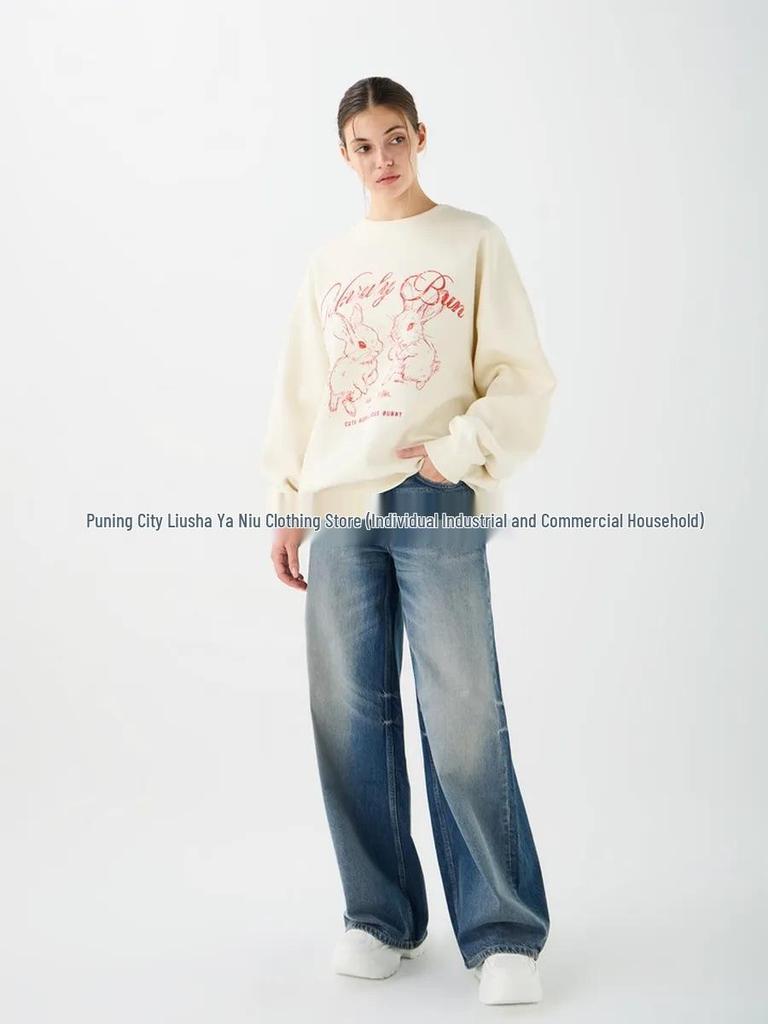 Cartoon Rabbit Print Age-Reducing Round Neck Pullover Hoodie - American Style Autumn/Winter