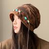 Autumn and winter hats, women's big head circumference shows a small face, cold hats, retro versatile stacking hats, warm wool knitted hats