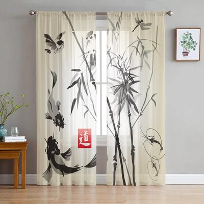 Bambus Karpfen Chinesische Tuschemalerei Tüllvorhänge für Wohnzimmer Schlafzimmer Küchendekoration Chiffon Transparent Voile Fenstervorhänge