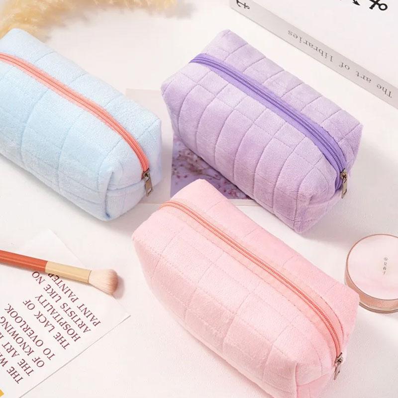 Cute Plush Makeup Bag for Women Portable Travel Small Solid Color Zipper Toiletry Bag Supplies Stationery Box Cosmetic Bag