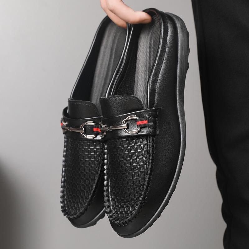 Men's Fashion Embossed Metal Buckle Casual Slip-On Leather Loafers Large Size.