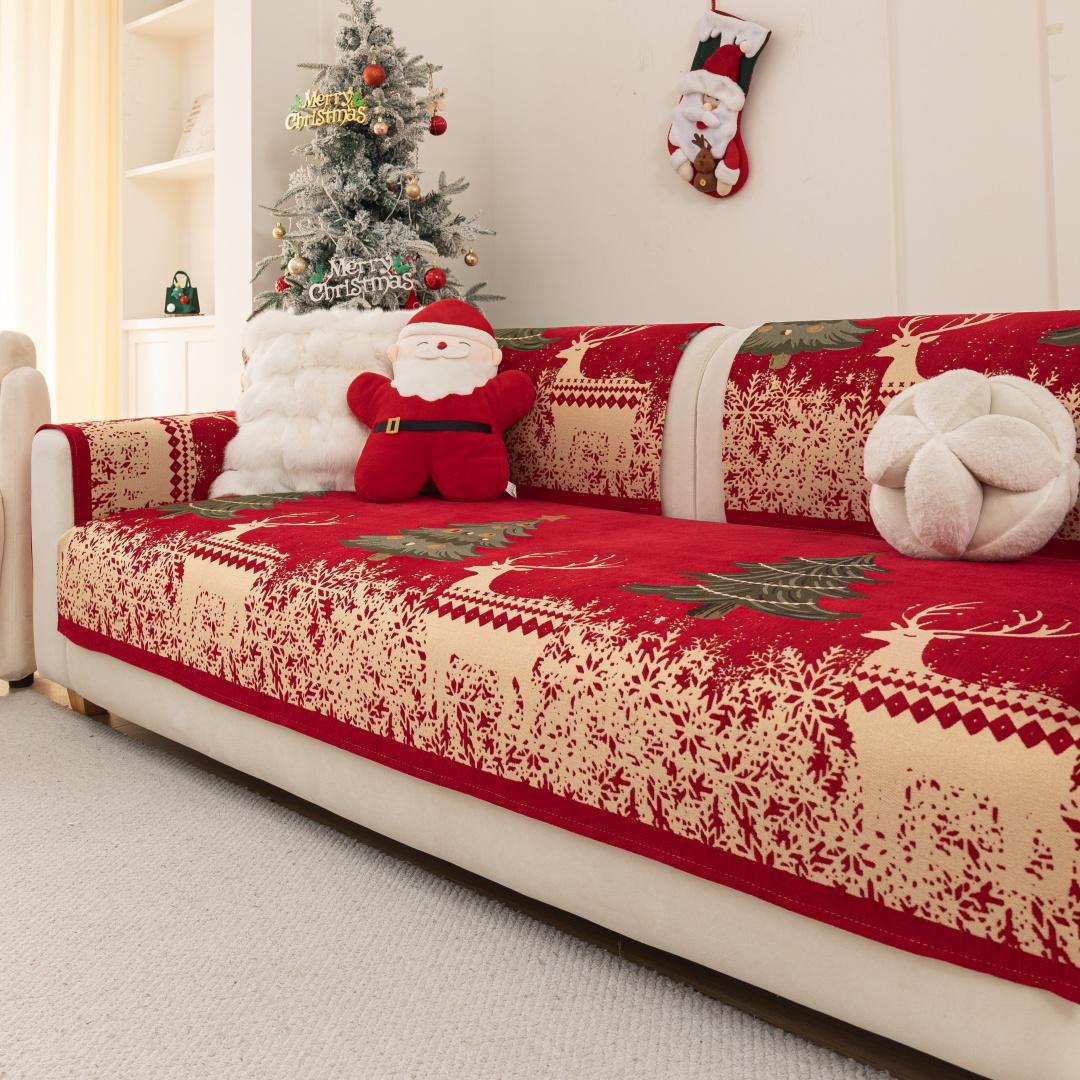 

1 шт. Чехол на диван из шенилла с рождественской елкой и оленем, красный для праздничного декора, чехол на сиденье дивана для гостиной, универсальное диванное полотенце 70x70cm