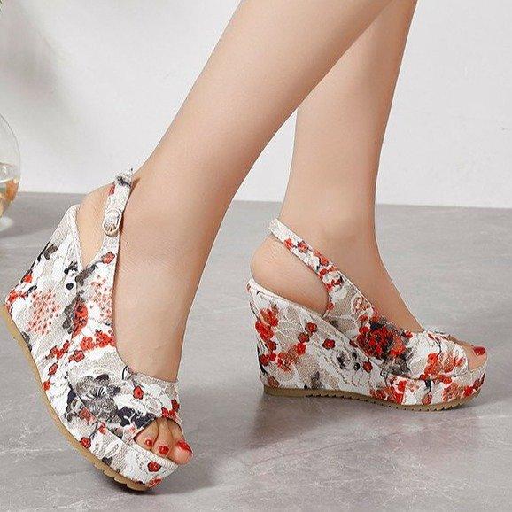 Large size printed fish mouth thick-soled wedge heel one-word buckle sandals summer beach open-toed women's shoes