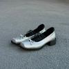 Sheepskin~ Platform Bow Retro High Heels Ballet Shoes Square Head Silver Thick Heel Mary Jane Shoes Women's Single Shoes