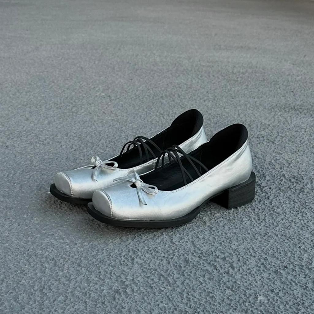 Sheepskin~ Platform Bow Retro High Heels Ballet Shoes Square Head Silver Thick Heel Mary Jane Shoes Women's Single Shoes