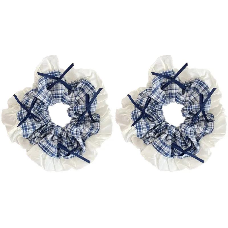 Blueberry Tone Plaid Lace Bow Hair Ring Girl Fashion Versatile Scrunchie Hair Accessories Hair Tie