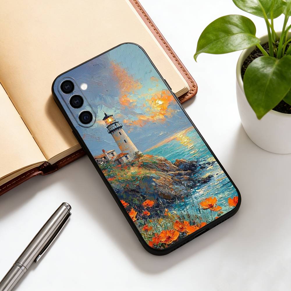 Art oil painting of a lighthous Phone Case Black Silicone Soft For Samsung Galaxy A73,A72,A71,A70,A53,A52,A51