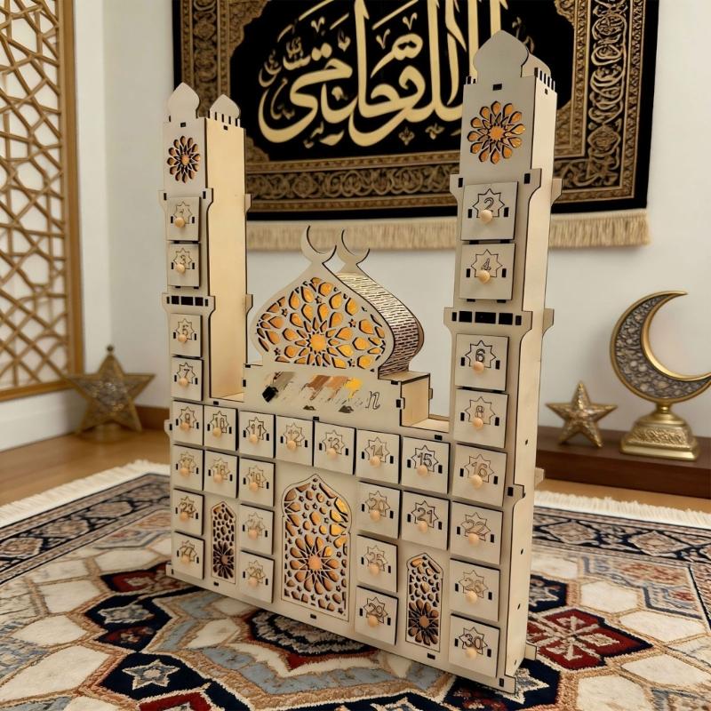 Wood Eid Advent Calendar with LED Light and 30 Drawer Countdown Calendar for Ramadans Table and Home Party Decorations