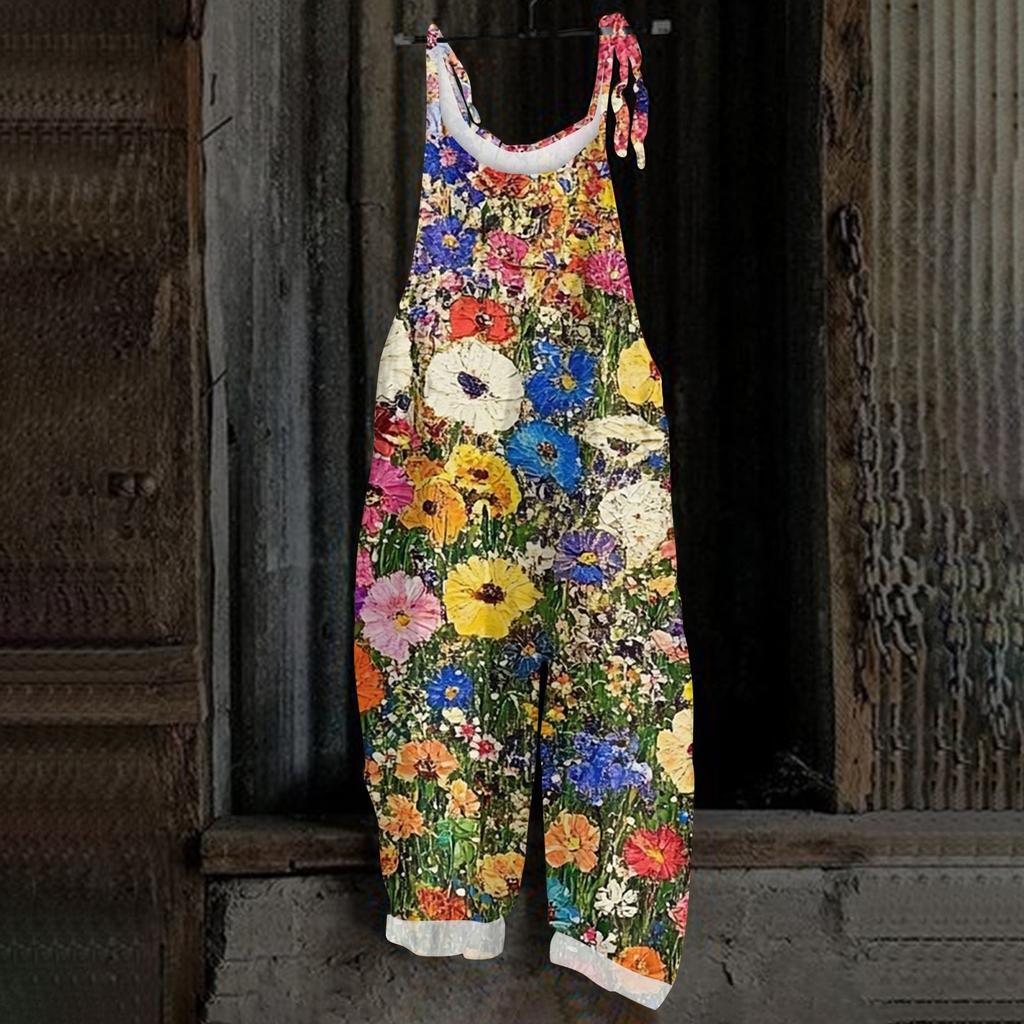 Women's Jumpsuit Christmas Print  Casual Loose Vintage Shoulder Strap Cotton Linen