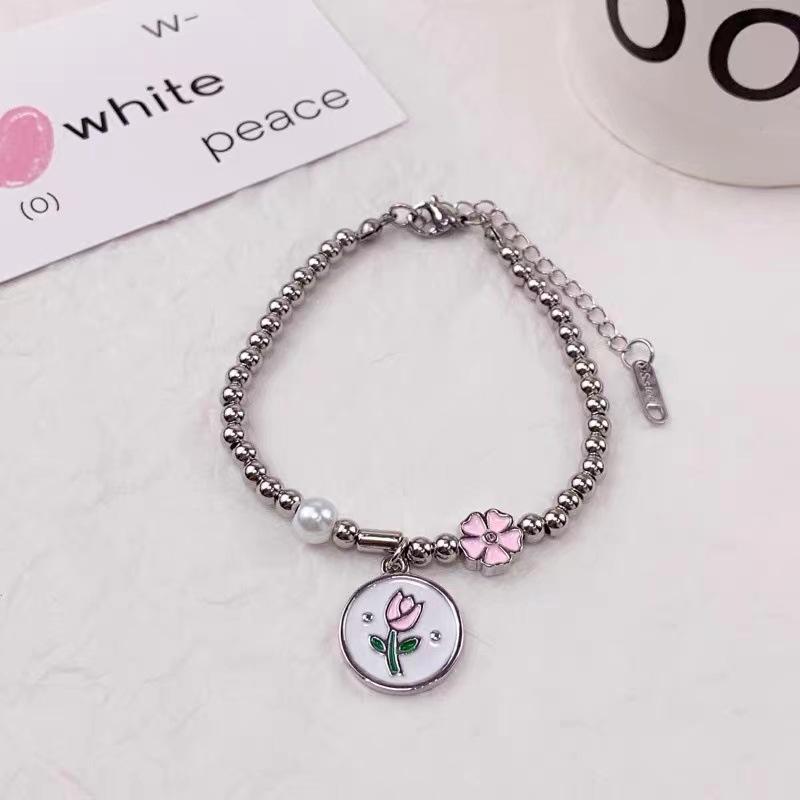 Pink Elegant Tulip Flower Bracelet For Women Highend Geometric Design Summer 2024