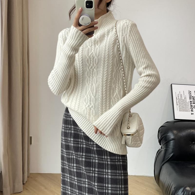 Women'S Semi-Turtleneck Versatile Wool Pullover Autumn And Winter Warm Twisted Knitted Bottoming Shirt Korean Version Of The New Sweater