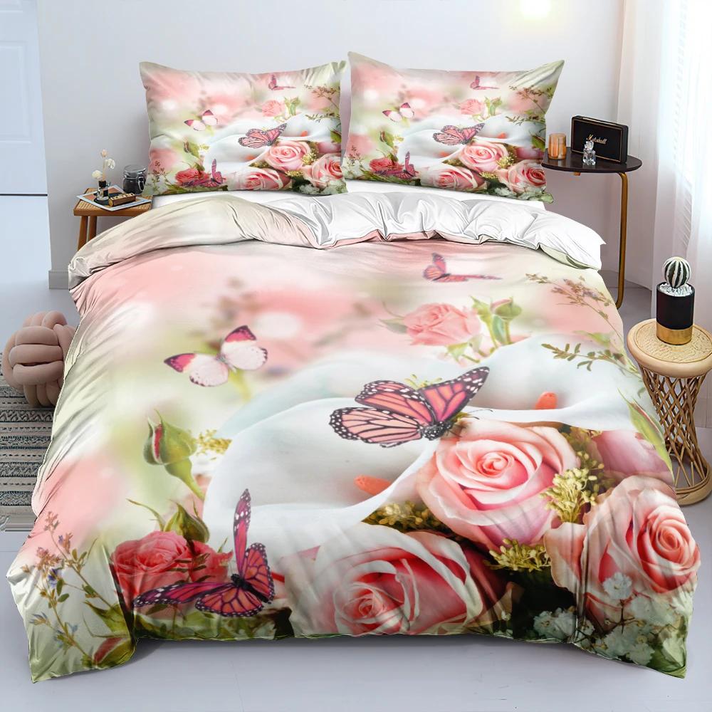 3D Floral Beding Set Rose Sureal Scene Concept Artwork Soft Duvet Cover King Quen Sized Dimensions Colorful Flowers Gren Soft Warm Comforter Cover
