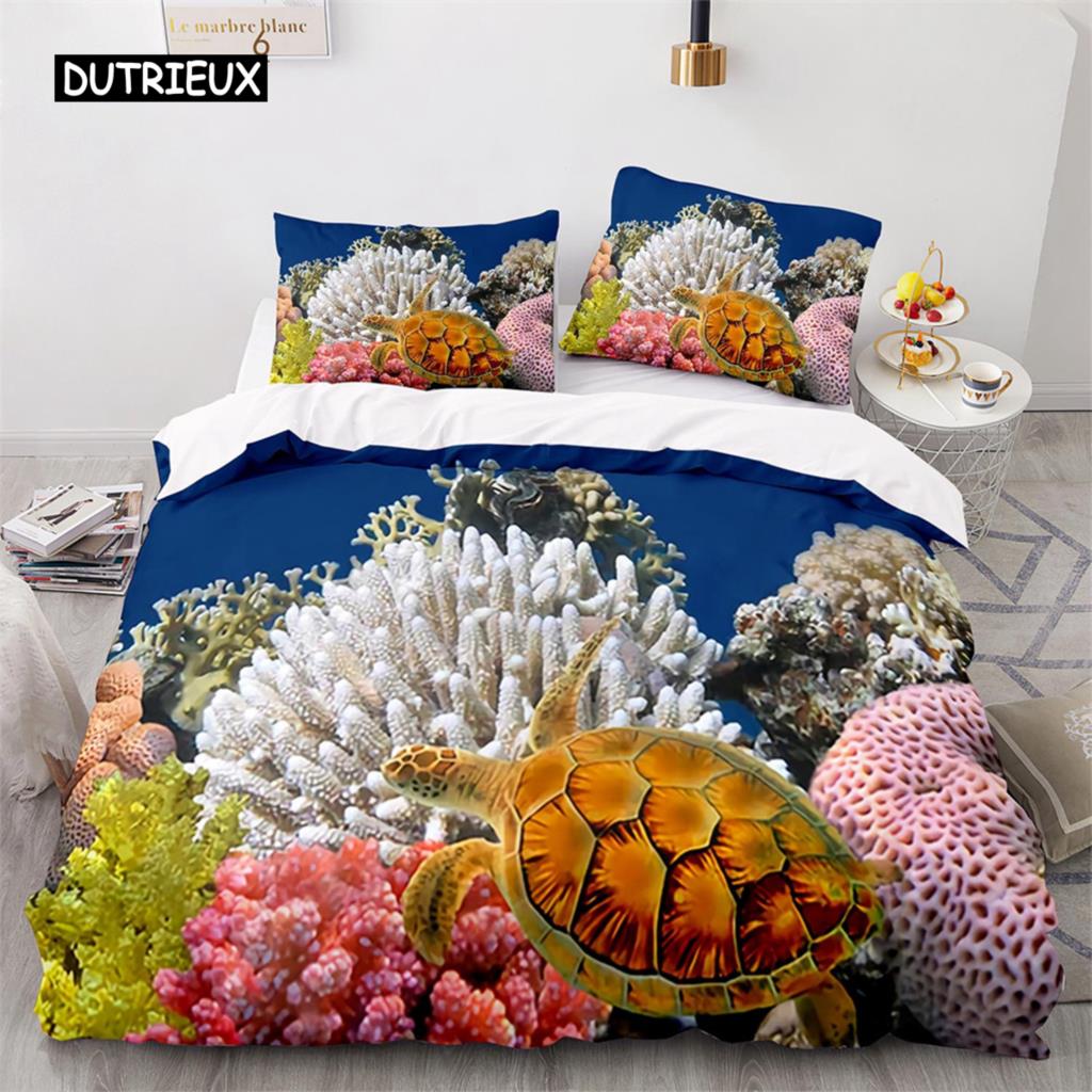 Duvet Cover Ocean Underwater World Bedding Sets with Goldfish Coral Reef Quilt Cover for Kids Teens Children Bedroom Decoration