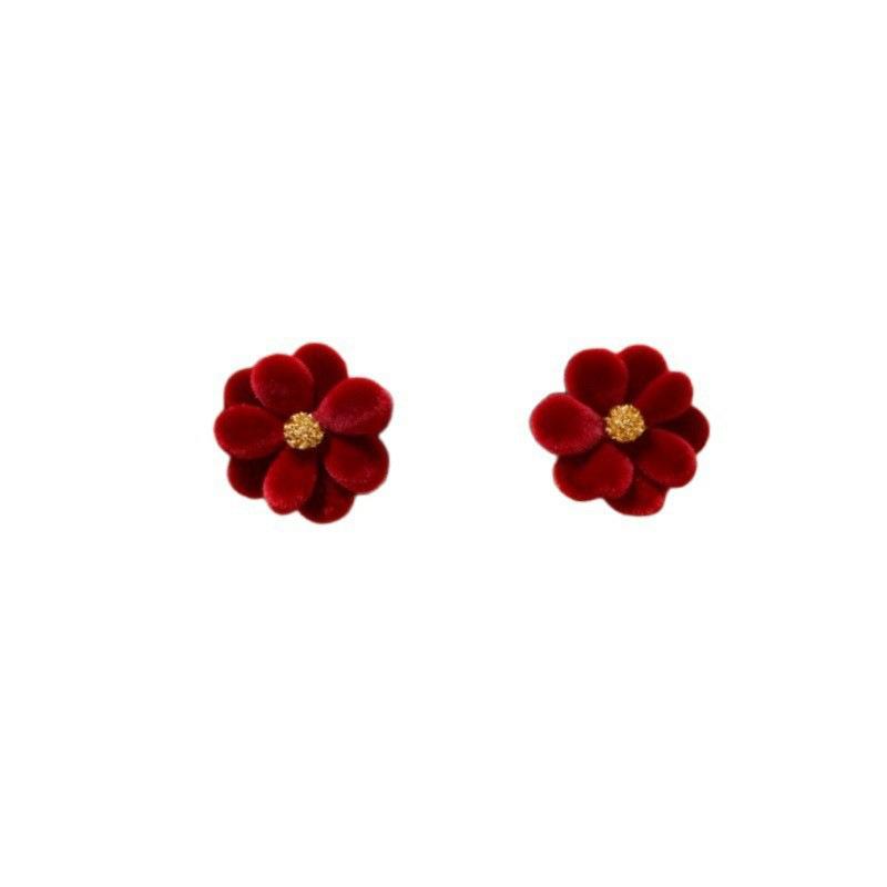 Fashion Red Velvet Geometric Flower Stud Earrings for Women Unusual Earrings Vintage Ear Jewelry Wedding Party Accessories Gifts