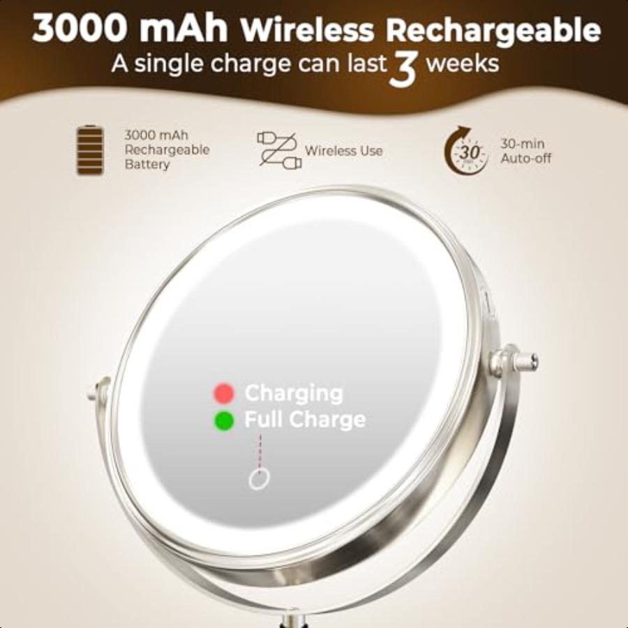 8 Wall Mounted Lighted Makeup Mirror 3000mAh Rechargeable Double Sided 1X 10X Magnifying Mirror with Hook 3 Color Lights Touch
