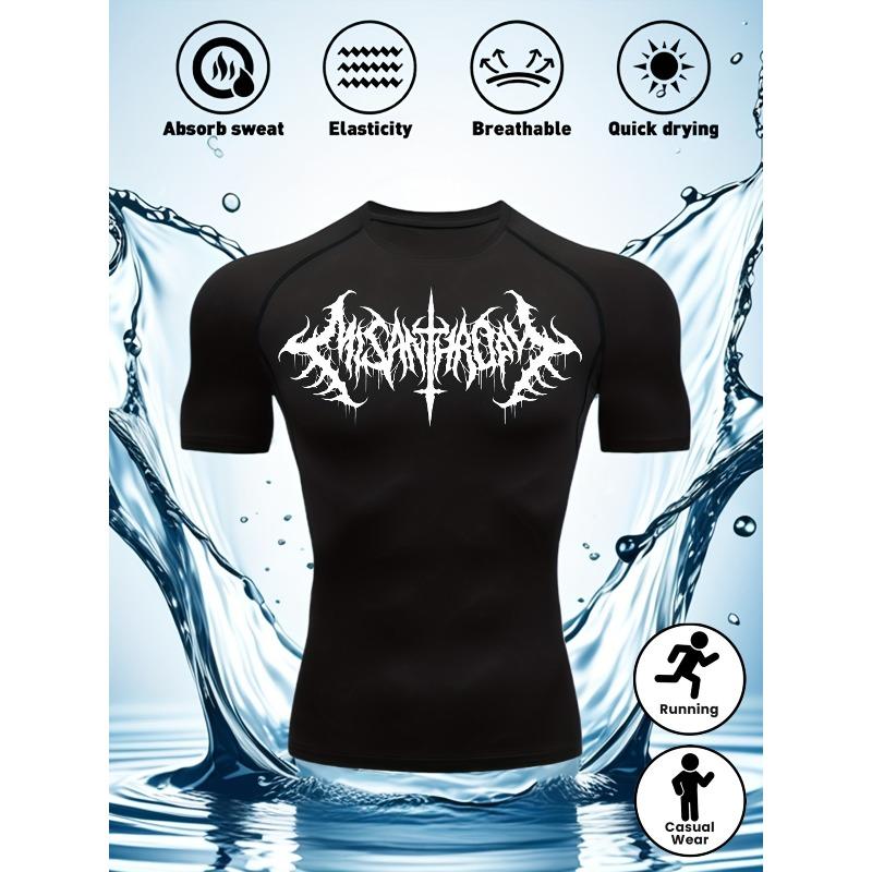 Mens Black Compression Short Sleeve T-Shirt White Death Metal Tribal Graphic Absorb Sweat Quick Dry High Elasticity Gym And MMA Athletic Top