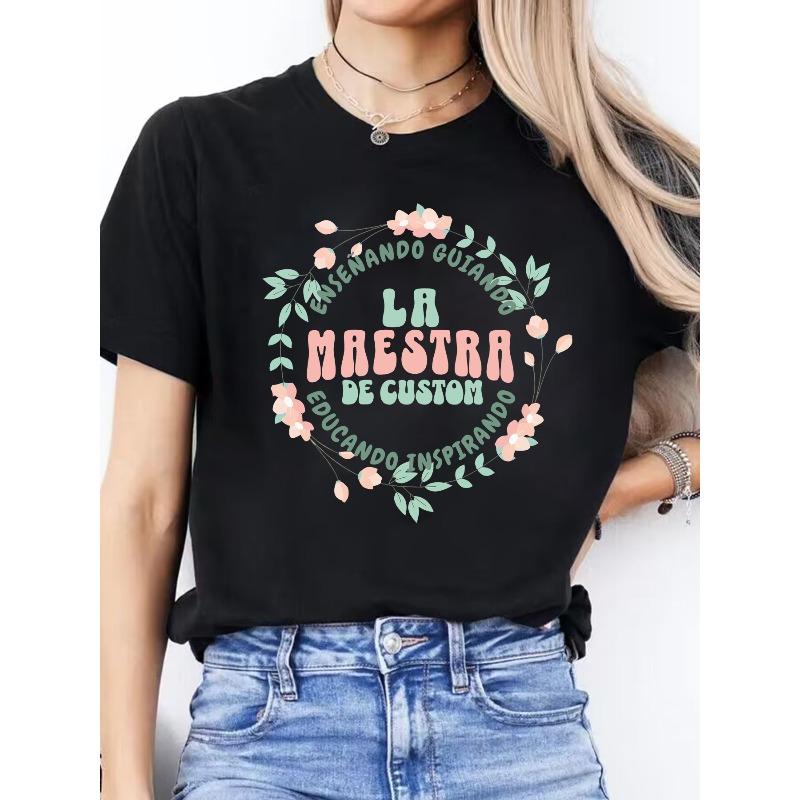 

Women s Spanish Alphabet Print T-Shirt - Spanish Language Learning, Casual Short Sleeve Round Neck Blouse for Spanish Class & Casual Attire S