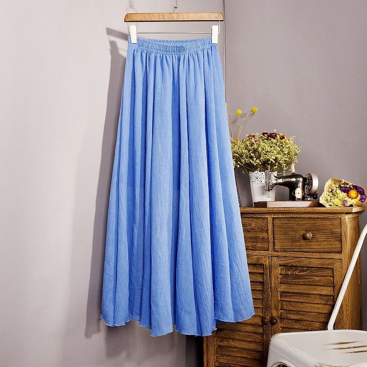 Women Summer Solid Vintage Pleated Long Skirts Ladies Elastic Waist Beach A-Line Skirt