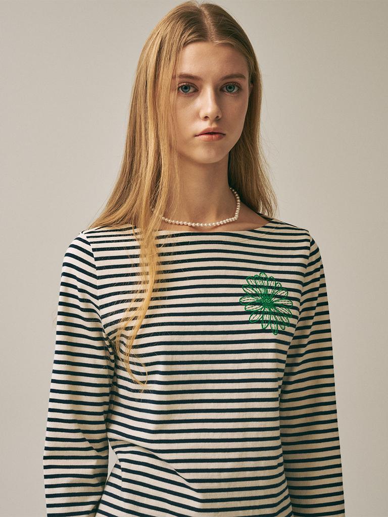 [mardimercredi] SLIM TSHIRT 3/4 SLEEVE STRIPE_IVORY GREEN