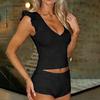 Damen ärmelloses Strick-Westen-Top und Shorts Set V-Ausschnitt Rüschen-Schulterdetail Lässiges zweiteiliges Outfit Sommerkleidung
