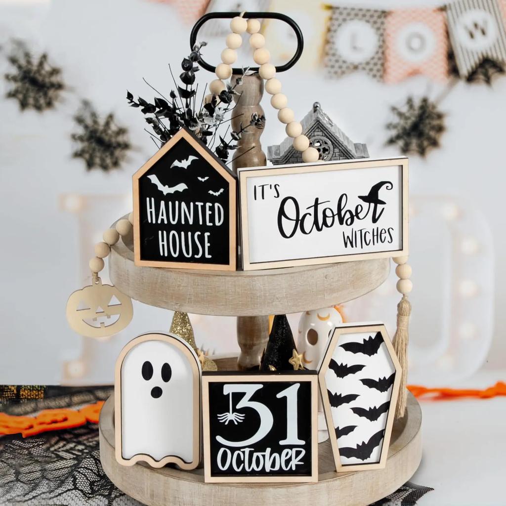 New 6Pcs Halloween Tiered Tray Decor Set Cute Wooden Black Orange Tray Wooden Sign Ghost Wooden Halloween Theme Party Home Decor