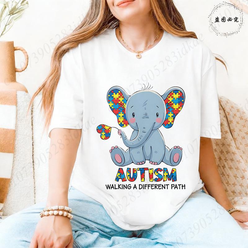Unisex's Autism Awareness T-shirts: Cute Elephant Puzzle Graphic Tops Walking A Different Path Short Sleeve Autism Support Tees