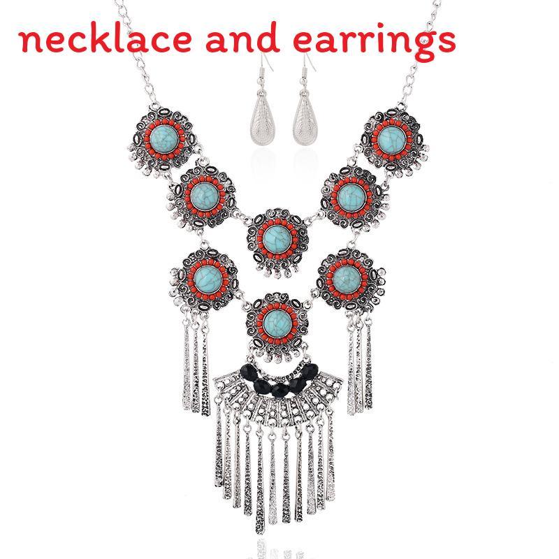 Ethnic Style Simulation Gemstone Decor Women Round Flower Necklace With Tassel For Boho Style Jewelry